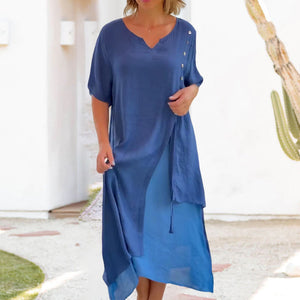 V Neck Short Sleeve Irregular Hem Woman Dress