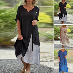 V Neck Short Sleeve Irregular Hem Woman Dress