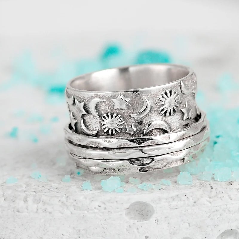 Silver Star Moon Sun Ring