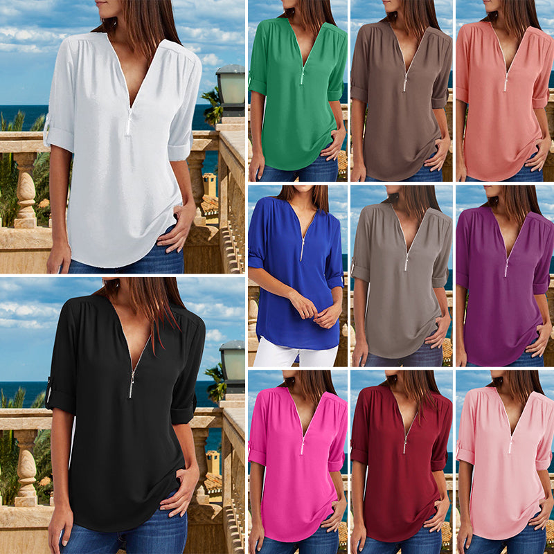 V Neck Zipper Patchwork Plain Blouses